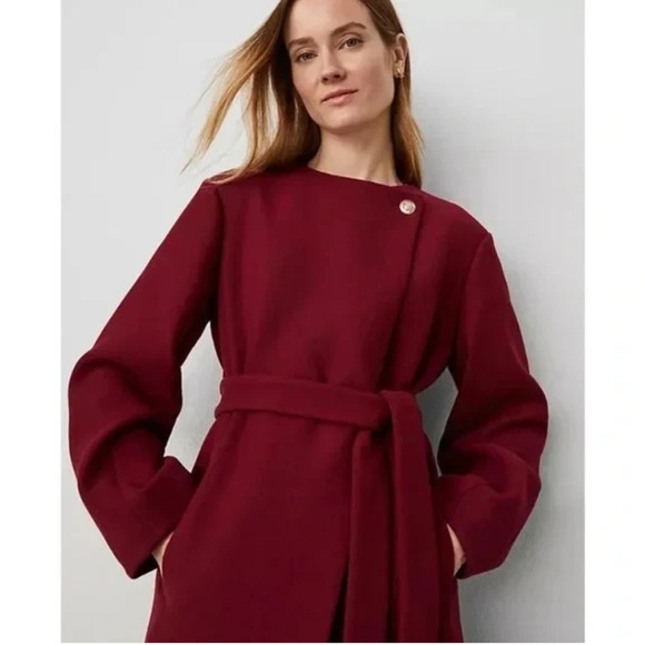 NEW $278 Ann Taylor Tie waist balloon sleeve wool blend coat in mulberry sz L P - Picture 1 of 3